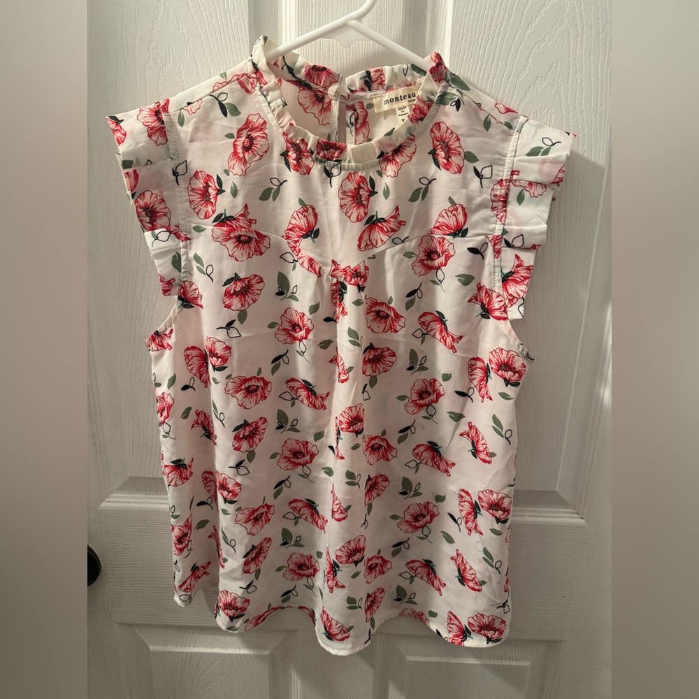 Monteau White and Red Floral Blouse